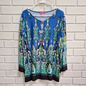 Sunny Leiigh Multicolor Patterned Boho Gold Accent Wide Sleeve Top. Sz  XL NWOT